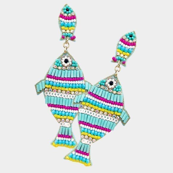 Fish Blue Seed Bead Earrings NWT - Picture 1 of 6